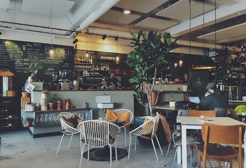 Interior luminoso de una cafetería con mesas y plantas